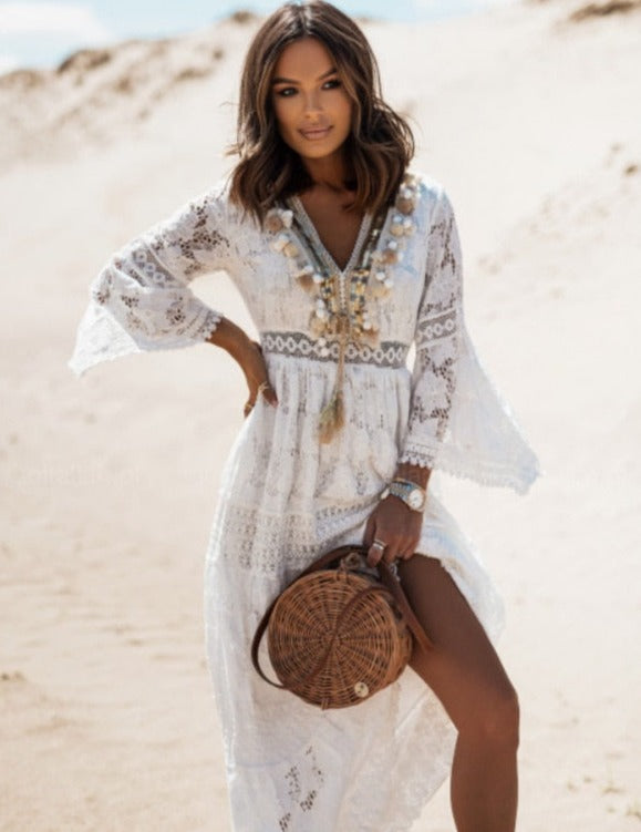 maoxiangshop Summer Elegant Dresses for Women Tunic Fashion Robe Longue Beach Dress Sexy Lace Long Sleeve White Robe Vestido Pareos