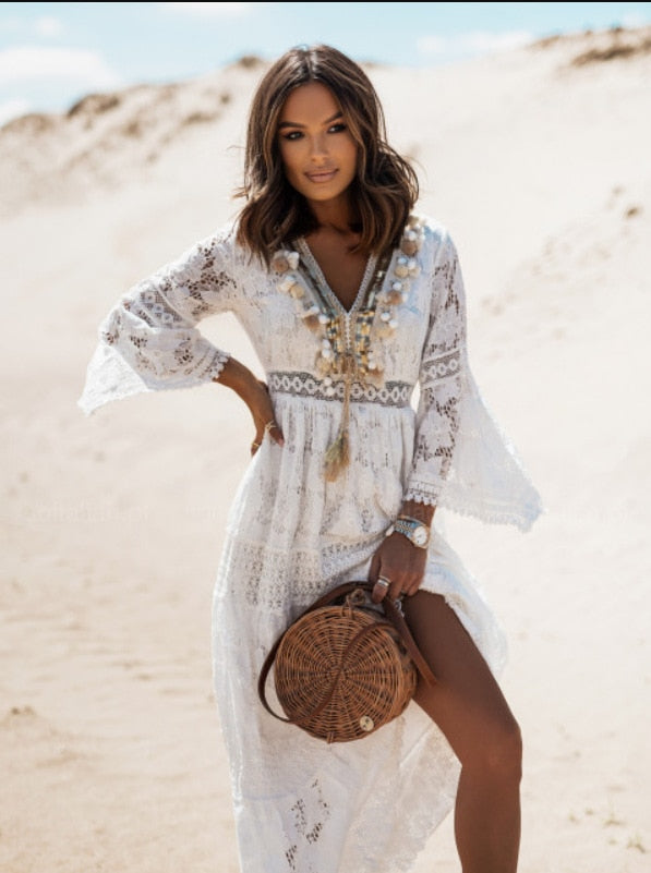 maoxiangshop Summer Elegant Dresses for Women Tunic Fashion Robe Longue Beach Dress Sexy Lace Long Sleeve White Robe Vestido Pareos