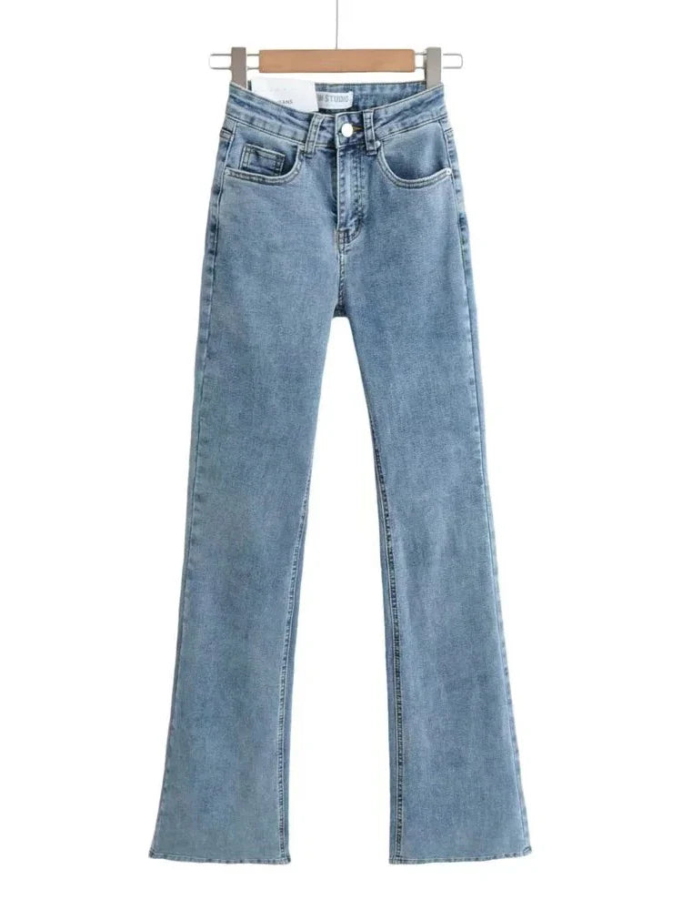 maoxiangshop - Fashion Denim Packets Jeans Women High Waist Flare Pants Streetwear Trousers Pants Jeans Ladies Autumn Bottoms Blue