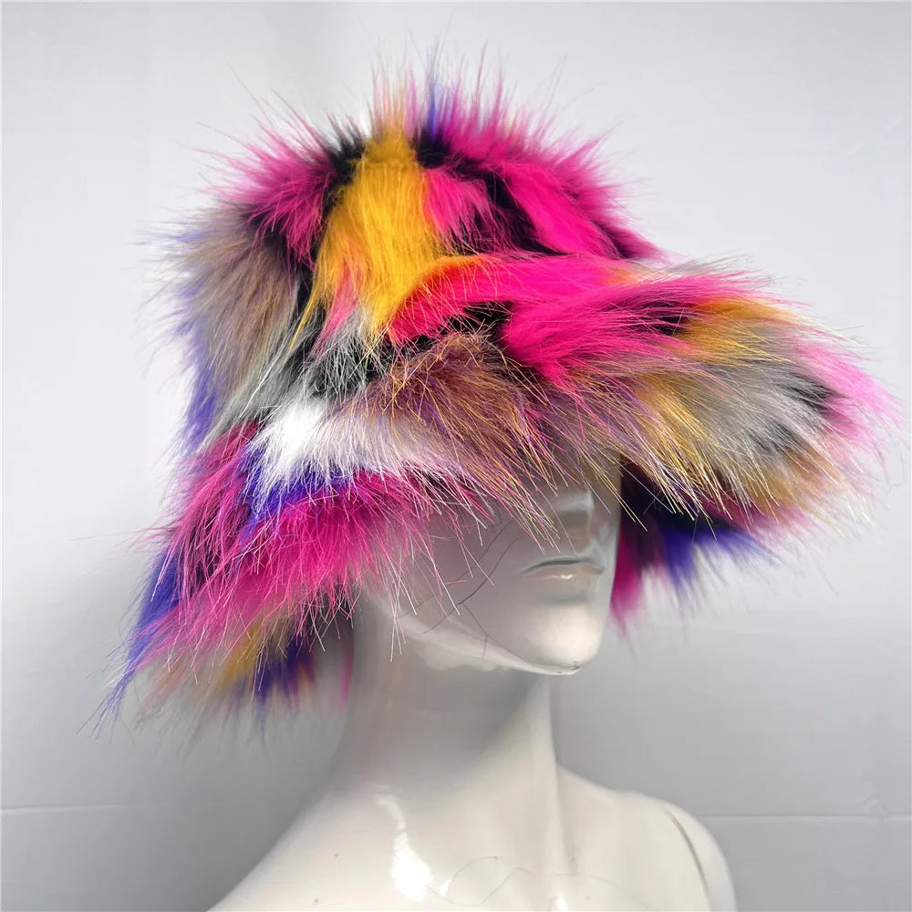 maoxiangshop - Luxury Ins Hot Y2k Girls Faux Fox Fur Bucket Hat Women Winter Warm Rabbit Fur Plush Fisherman Hat Cap Festival Party Ski Panama