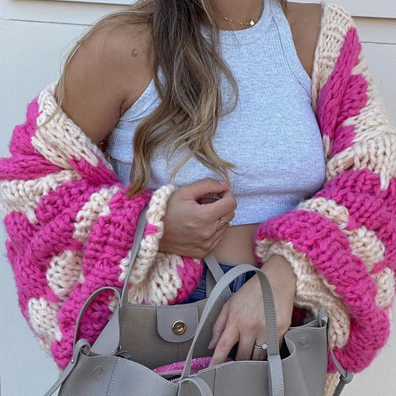 maoxiangshop - Stripe Pattern Cropped Cardigans Vintage Lantern Sleeves Knitted Sweater Aesthetic Y2k Knitwear Coat Women Autumn Outwear Street