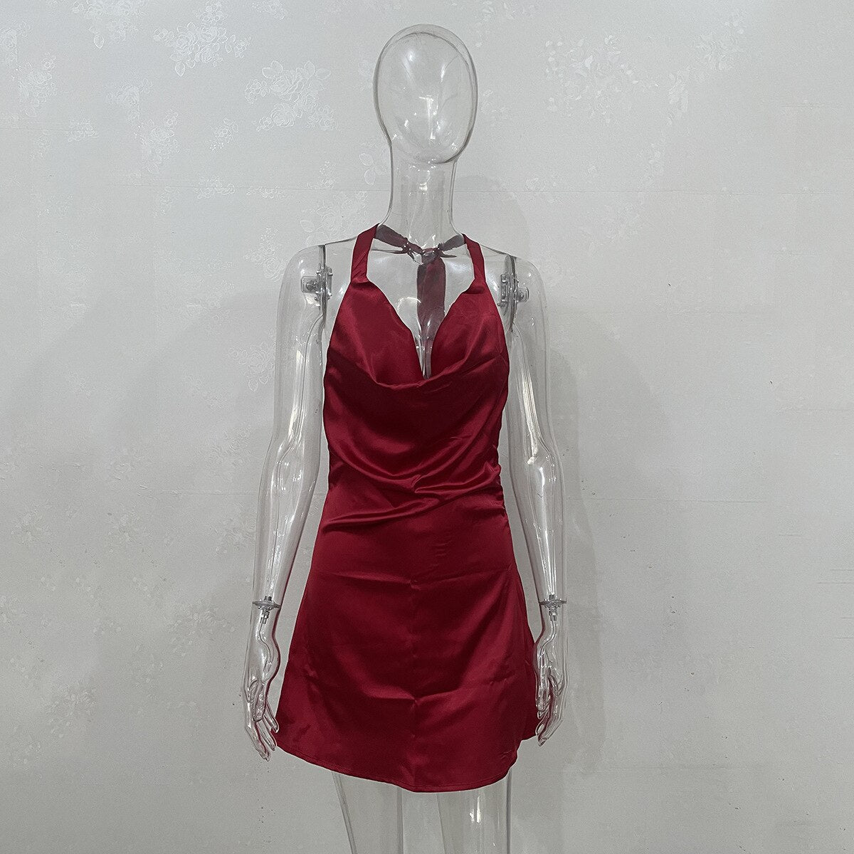 maoxiangshop Satin Sexy Backless Bandage Bodycon Mini Dresses Women Solid Halter Dress Party Night Club Vestidos Streetwear Summer