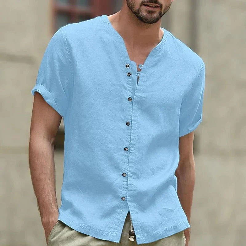 maoxiangshop Cotton hemp hot sell men's short sleeve shirt summer solid color stand collar casual beach style shirt