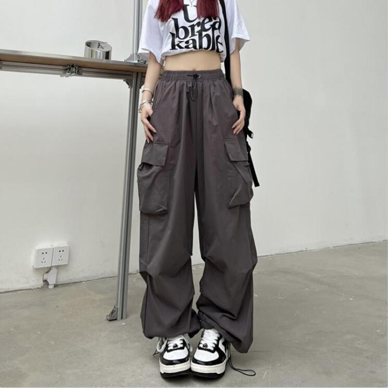 maoxiangshopWomen Y2K Cargo Pants Solid Low Waist Sweatpants Drawstring Wide Leg Baggy Trousers 2023 Summer Streetwear Punk Casual Tech Pant
