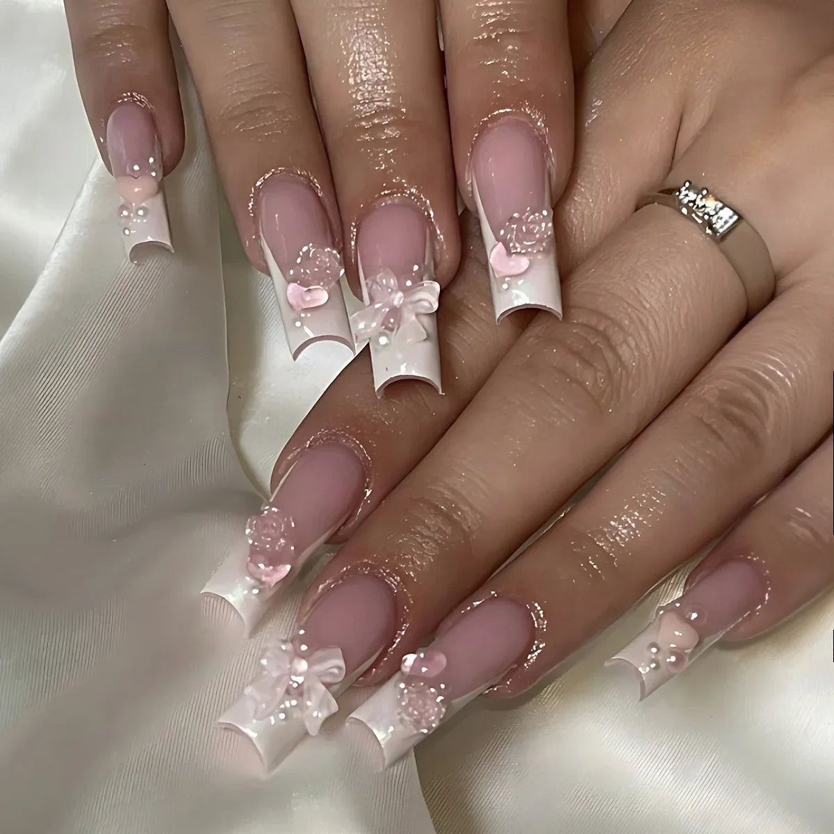 maoxiangshop 24Pcs Coffin False Nails Purple Butterfly Designs Fake Nails with Shiny Rhinestone Wearable French Full Cover Press on Nails