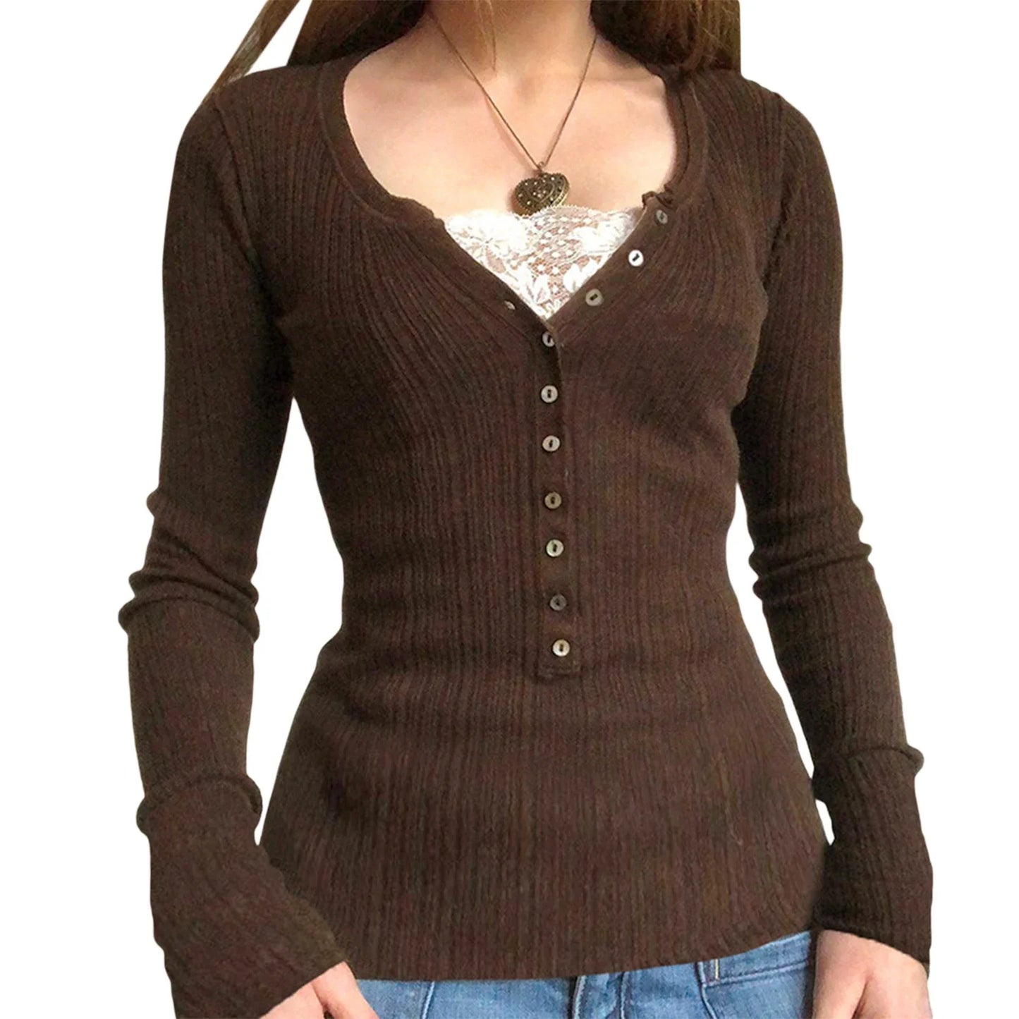 maoxiangshopWomen s Spring Autumn Slim Tops Black Long Sleeve Button Down Ribbed Skinny T-shirt