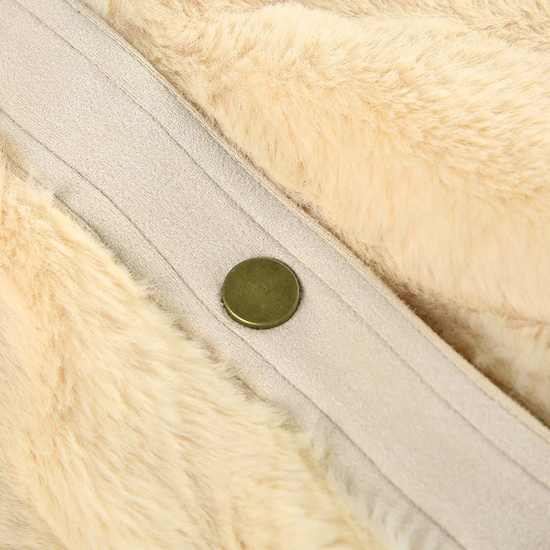 maoxiangshop - 2024 Winter Faux Fur Patchwork Jackets Women Turn Down Collar Long Sleeve Single Breasted Warm Crop Coats Top Street Outerwear