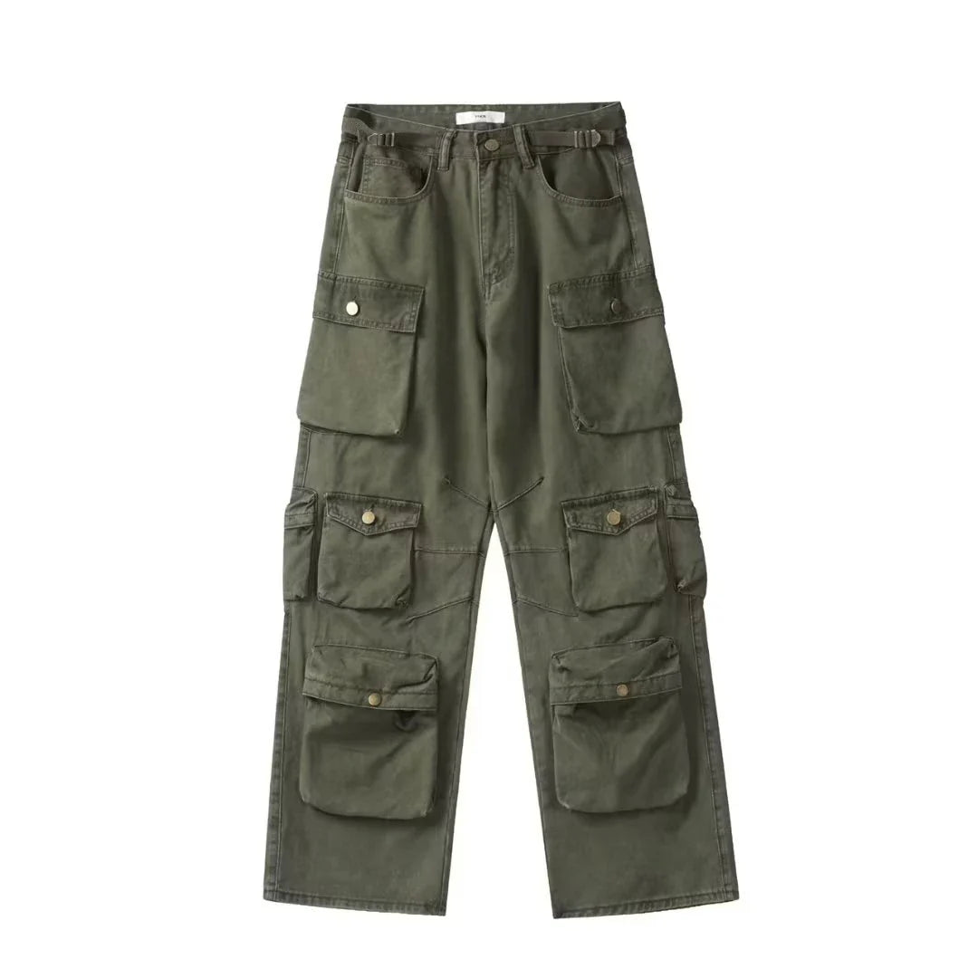 maoxiangshop Spring Cargo pants New Popular Rice White Multi-pockets Overalls Harajuku stays Men Loose Casual Trousers Straight Mopping Pants