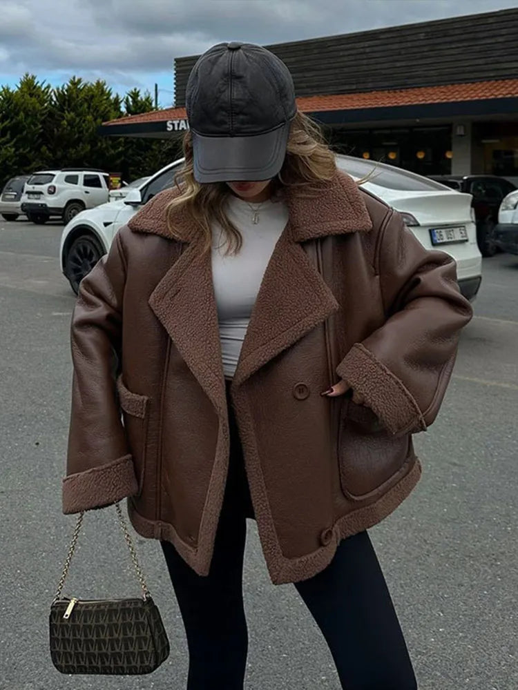 maoxiangshop - Plush Patchwork Lapel PU Leather Jackets Women Casual Loose Long Sleeved Jacket Female Autumn Winter Chic High Street Outwears