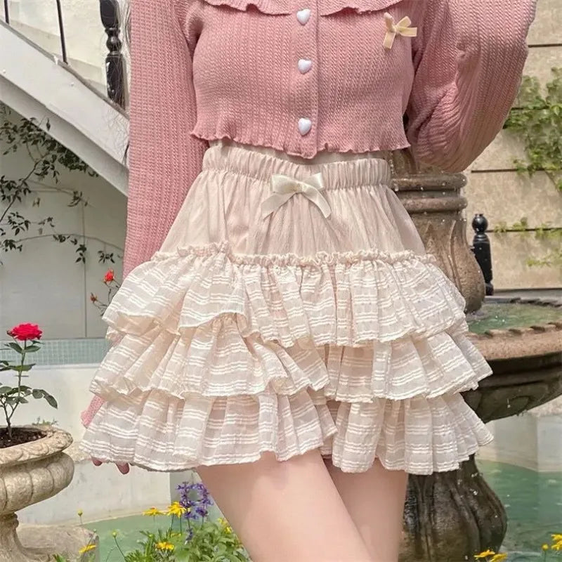 maoxiangshop Kawaii Ruffle Skirt Women Coquette Cute Lolita High Waist A-line Bow Lace Fairycore Mesh Mini Skirt Summer Mori Girl
