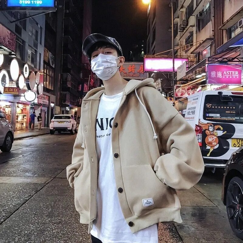 maoxiangshop Autumn Korean Sweatshirts for Men Casual Zip Up Hoodies Loose Coat Street Thick Warm Fashion Hip Hop Cardigans Hooded Jacket