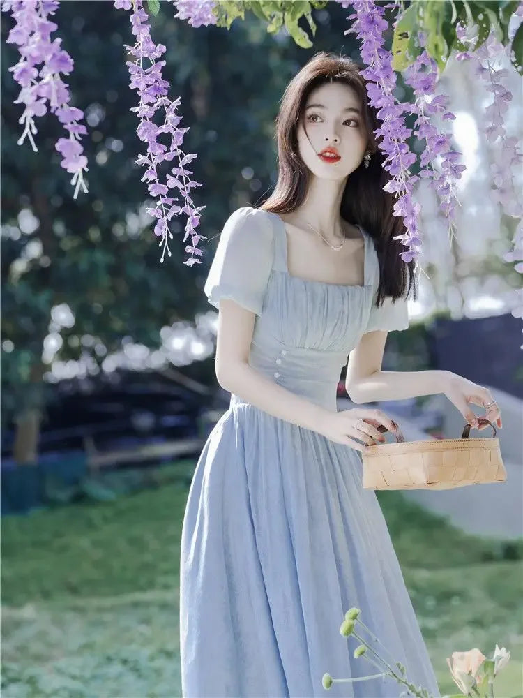maoxiangshop Blue Fairycore Dress Women Sweet Thin Defined Midi Romantic Summer Chic French Style Square Collar Gentle New Arrival OOTD
