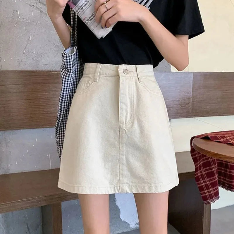 Lucyever Korean Women's Denim Skirt 2023 Summer High Waist A Line Mini Skirt Female Casual Pocket Solid Simple Jeans Skirt