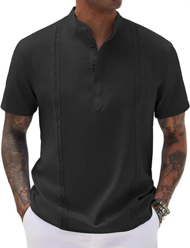 maoxiangshop 2024 Summer New Men's Short Sleeve Henri Collar Solid Color Cuban Guayabera Cotton Shirt Fashion Trend Beach Men's Top