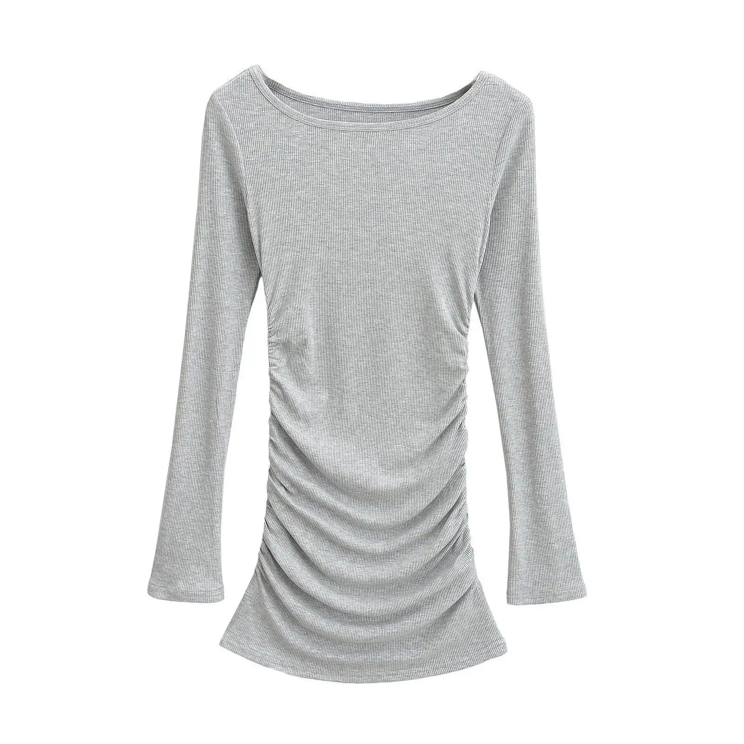 maoxiangshop - Autumn/winter New Round Neck Long Sleeve Dress Women Cinching Waist Wrap Hip Solid Slim Pleated Knitted Short Dress