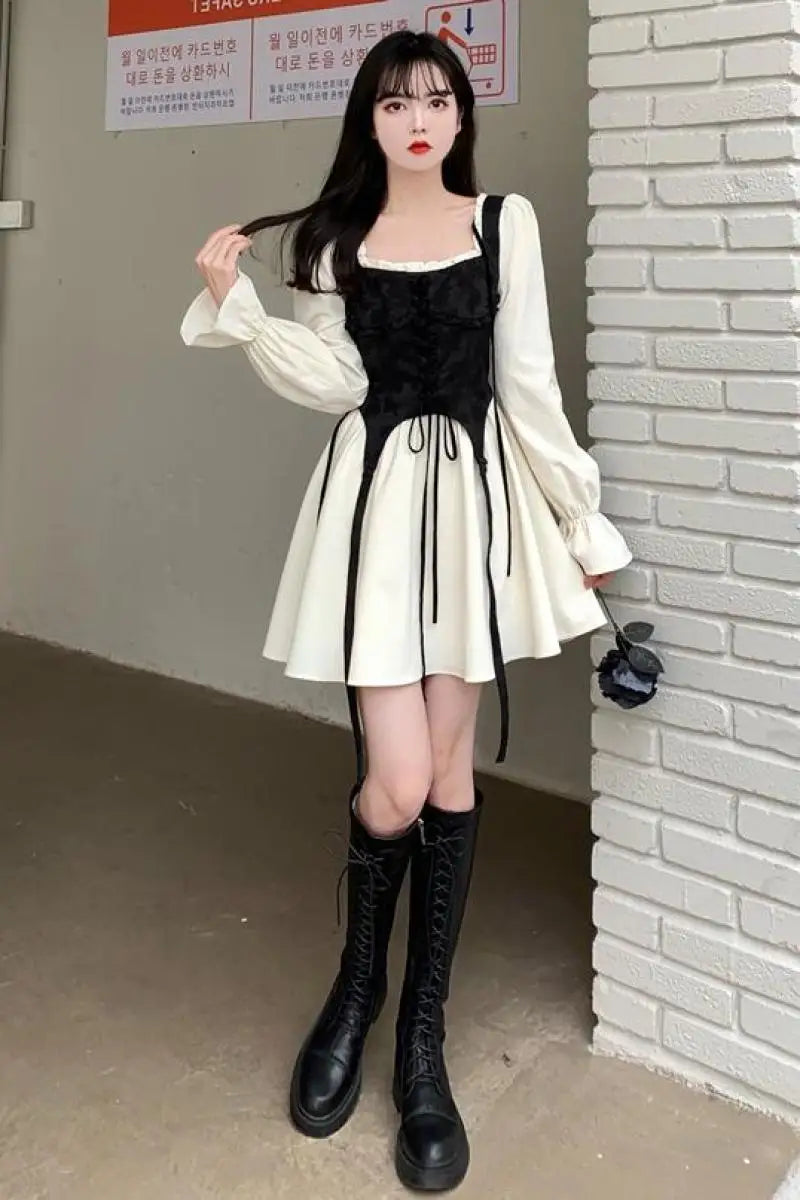 maoxiangshop Spring Autumn Vintage Patchwork Y2k Sweet Kawaii Party Dresses for Women Casual Lace Up Bow Harajuku Long Sleeve Club Mini Dress