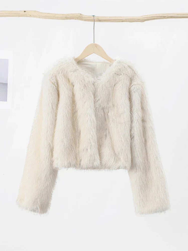 maoxiangshopCrew Neck Crop Faux Fur Women Outwear Fluffy Long Sleeve Warm Fashion Female Coat Autumn Winter Soft Streetwear Lady Tops