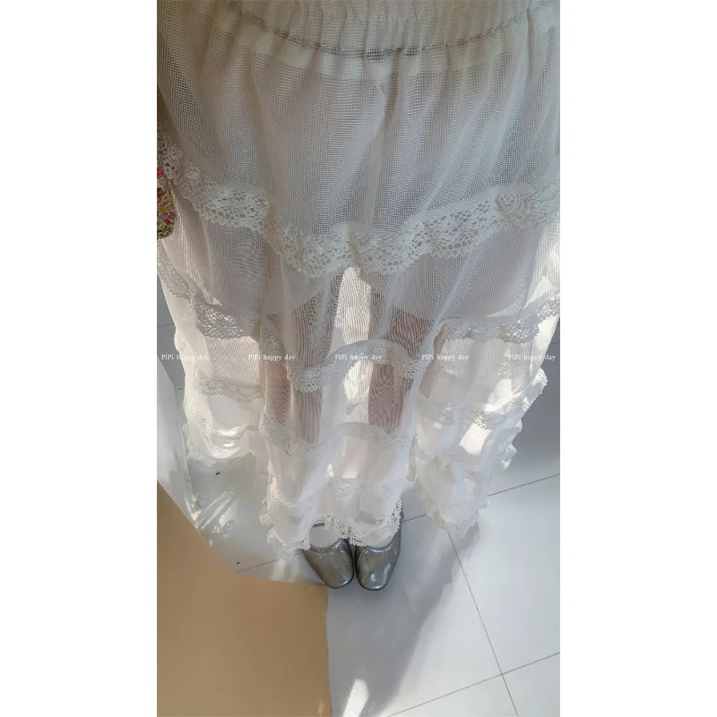 maoxiangshop Maxi Long Tulle White Mesh Skirts for Women Gothic Pleated Skirt Casual Fairycore Summer Jupe Longue Falda Mujer