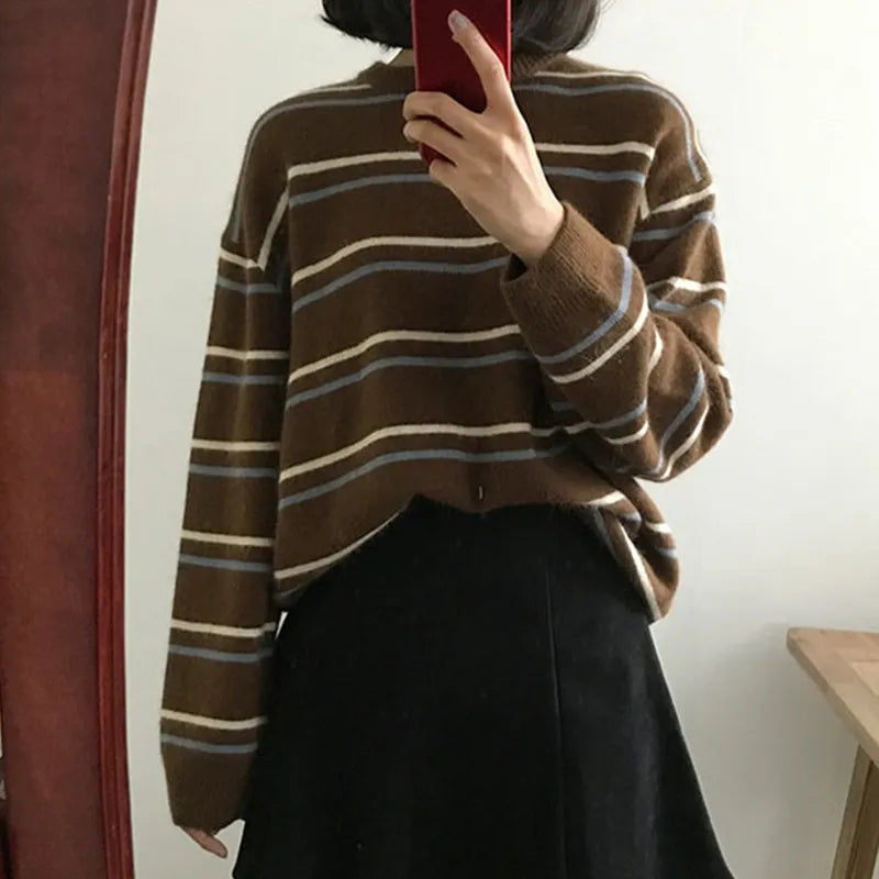 maoxiangshop Women Pullovers Crew-Neck Knitted Jumper New Student Striped Sweater Aesthetic Outfit