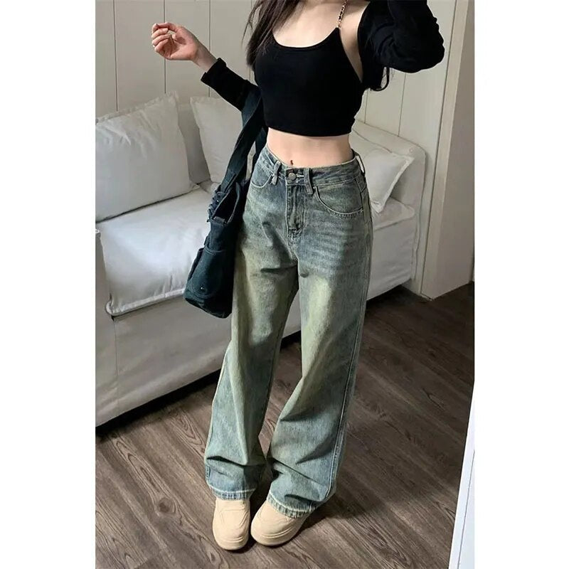 maoxiangshop1 Vintage 90S Baggy Straight Denim Trousers Female Y2K High Waist Loose Wide Leg Jeans Women Streetwear All-Match Casual Pants New