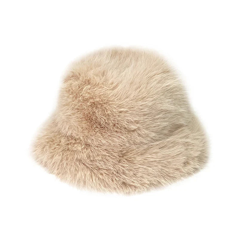 maoxiangshop - Fluffy Fur Bucket Hat for Women Imitation Mink Hair Warm Basin Cap Thickened Plush Winter Hats Lady Fashion Panama Fisherman Cap
