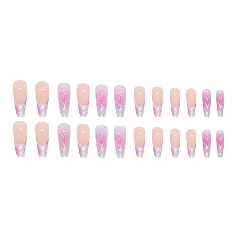 maoxiangshop 24Pcs Long Ballet False Nails Long French Fake Nails with Heart Designs Wearable Coffin Press on Nails Full Cover Nail Tips