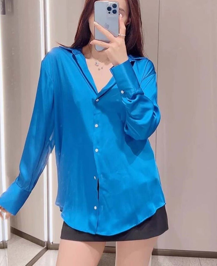 maoxiangshop Women's Shirt Spring Autumn Fashion Satin Soft Casual Blouses Loose Streetwear Vintage Shirts Woman Tops