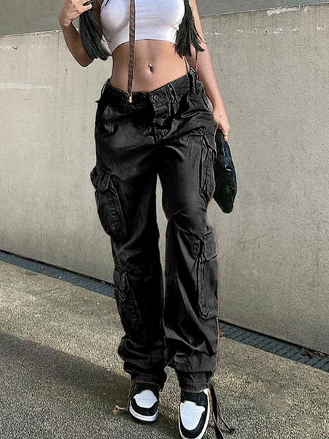 maoxiangshop2 Vintage Cargo Pants Baggy Jeans Women Fashion 90s Streetwear Pockets Wide Leg High Waist Straight Y2k Denim Trousers Overalls
