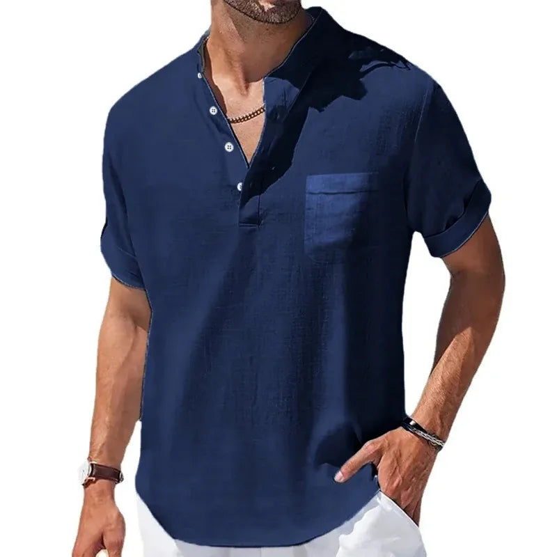 maoxiangshop New Men's Short Sleeve Breathable T-shirts Summer Solid Color Basic Pocket Shirts for Men Oversized Half Button Linen Streetwear