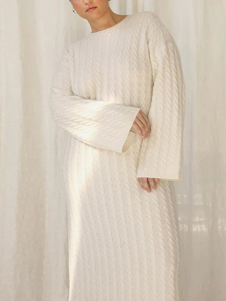 maoxiangshop Autumn Winter Knitted Dress Women Fashion Solid Color Ribbed Sweater Dress Female Elegant Casual Loose Long Sleeve Long Dresses