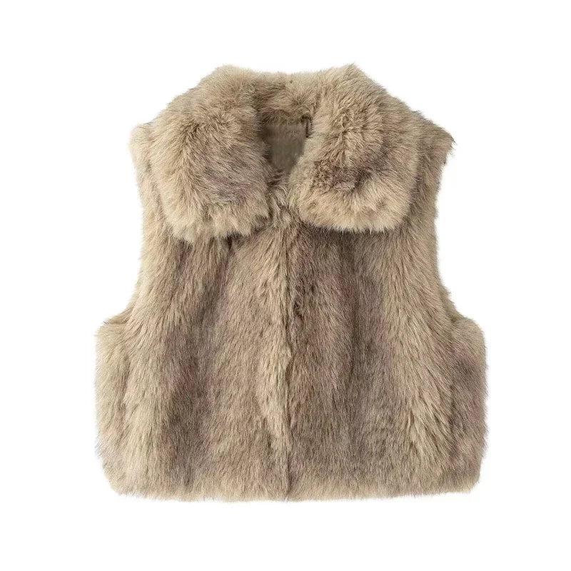 maoxiangshop - Elegant Faux Fur Women Vest Thicken Lapel Single Breasted Warm Lady Sleeveless Coat 2024 Fashion Autumn Winter Female Outwear
