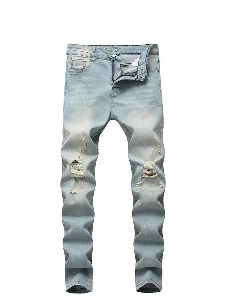 maoxiangshop Men's Jeans Solid Faded Ripped Frayed Denim Jeans Mid-waist Slim Fitted Pants Ankle-length Zipper Trousers with Pocket