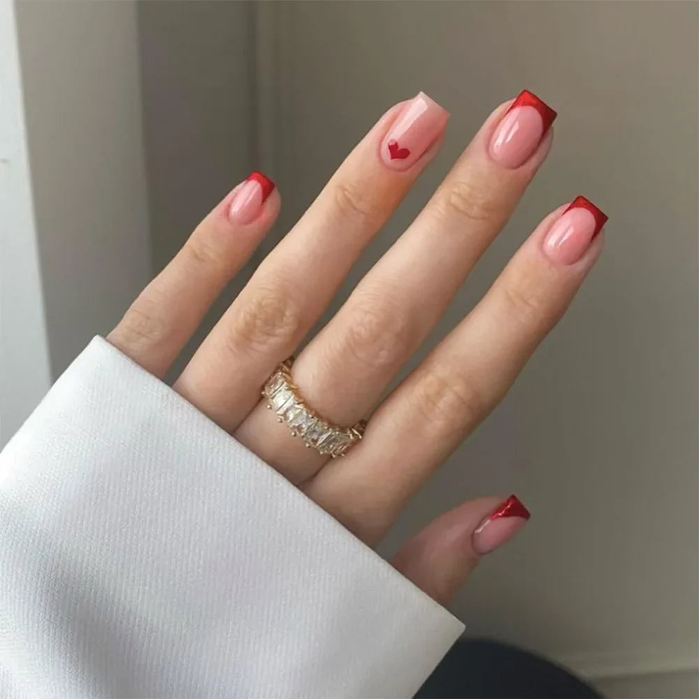 maoxiangshop 24pcs/set ballet short fake nails for Valentine's Day cute heart with glitters french white square tips press on false nail art