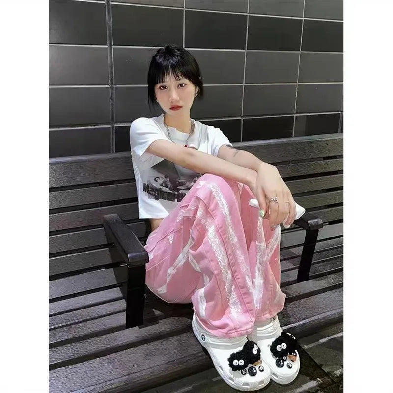 Pink High Waist Jeans Loose Straight Baggy Wide Leg Pants Female Aesthetic Y2k Korean Fashion Tie Dye Denim Trousers Women