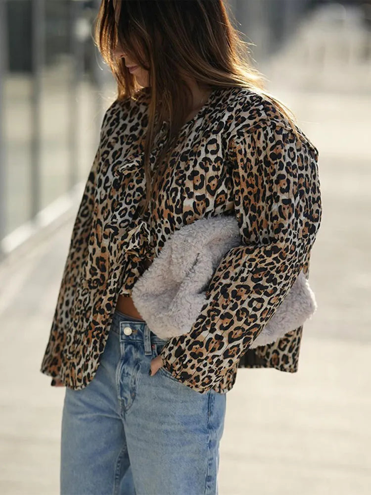 maoxiangshop - Autumn Winter Leopard Print Lace-up Padded Jacket Women Chic Long Sleeve Collarless Loose Coats 2024 New Lady Fashion Streetwear