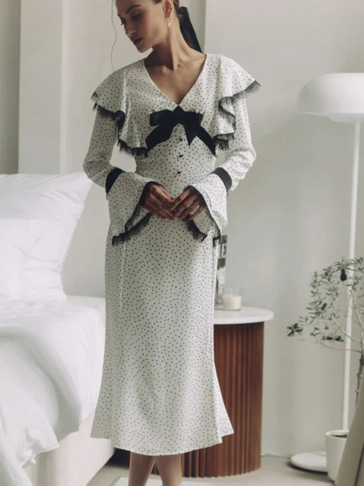 maoxiangshop - Women Ruffles A-line Long Vintage Dress Autumn New Women Elegant Long Dress Female Lace Polo Long Sleeve Slim Dot Dresses