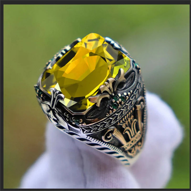 maoxiangshop Retro Handmade Turkish Signet Rings for Men Ancient Silver Color Carved Ring Mystic Zircon Inlay New Punk Motor Biker Ring