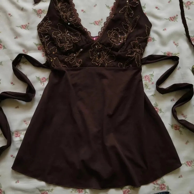 maoxiangshop - Gothic Sexy Hottie Slim Fit Womens Clothing Y2K Clothes Harajuku Graphic Embroidery Mini Suspender Brown V Neck Halter Skirts