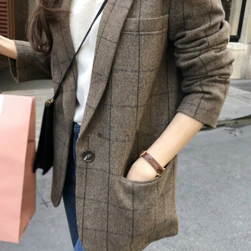 maoxiangshop Women's Plaid Brown Blazer Coat Elegant Female Autumn Business Style Outfits Polyester Spring Jacket Tops Korean Overcoat