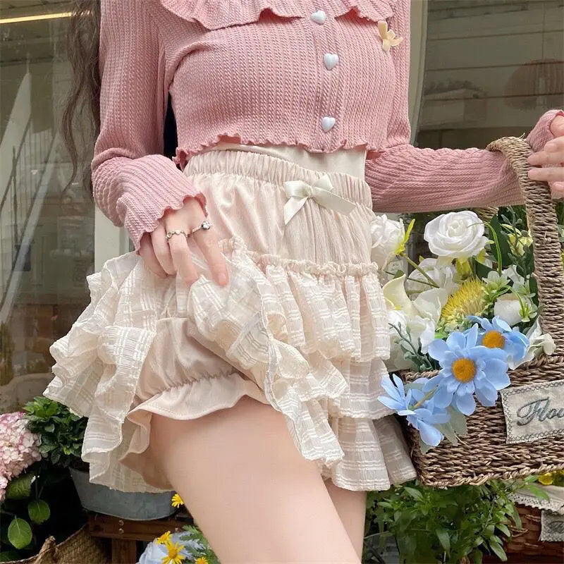 maoxiangshop Kawaii Ruffle Skirt Women Coquette Cute Lolita High Waist A-line Bow Lace Fairycore Mesh Mini Skirt Summer Mori Girl