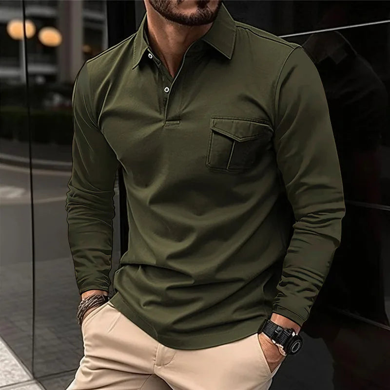 maoxiangshop Autumn And Winter New Sports Polo Shirt Men's Long-sleeved Casual Lapel Polo Shirt Solid Color Pocket T-shirt