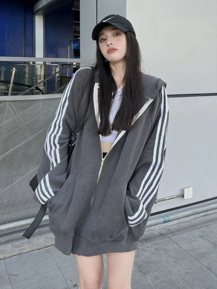 maoxiangshop Casual Zip Hoodie Women Autumn Harajuku Loose Side Stripe Patchwork Long Sleeve Oversized Hoodie School Grey Cardigan