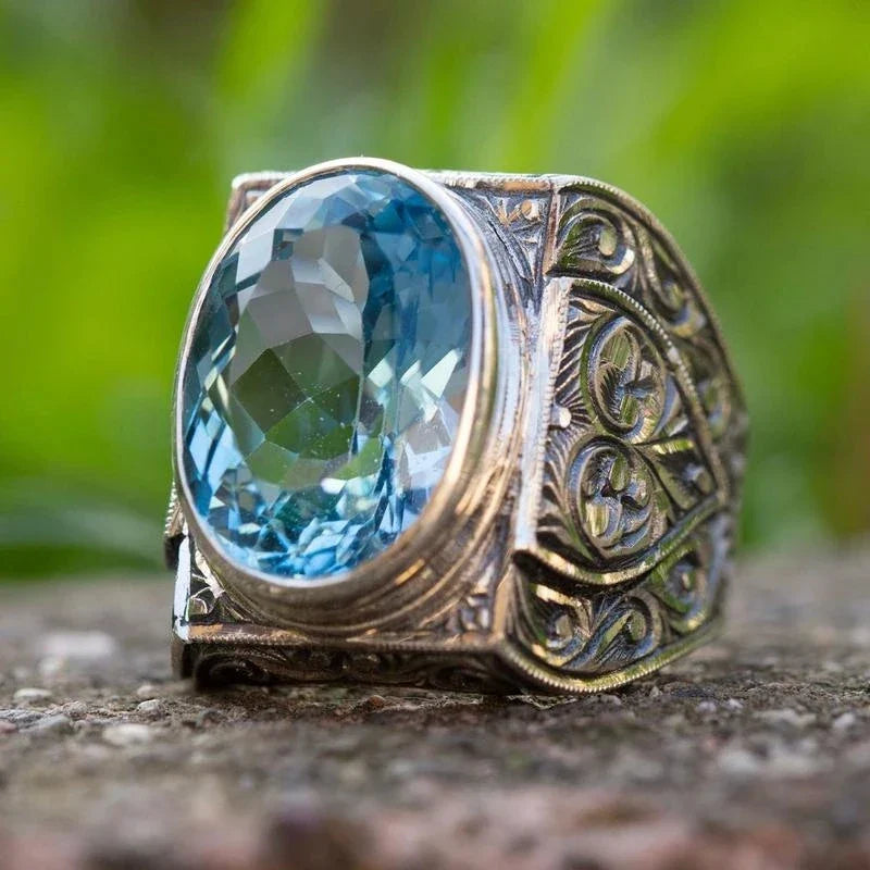 maoxiangshop Retro Handmade Turkish Signet Rings for Men Ancient Silver Color Carved Ring Mystic Zircon Inlay New Punk Motor Biker Ring
