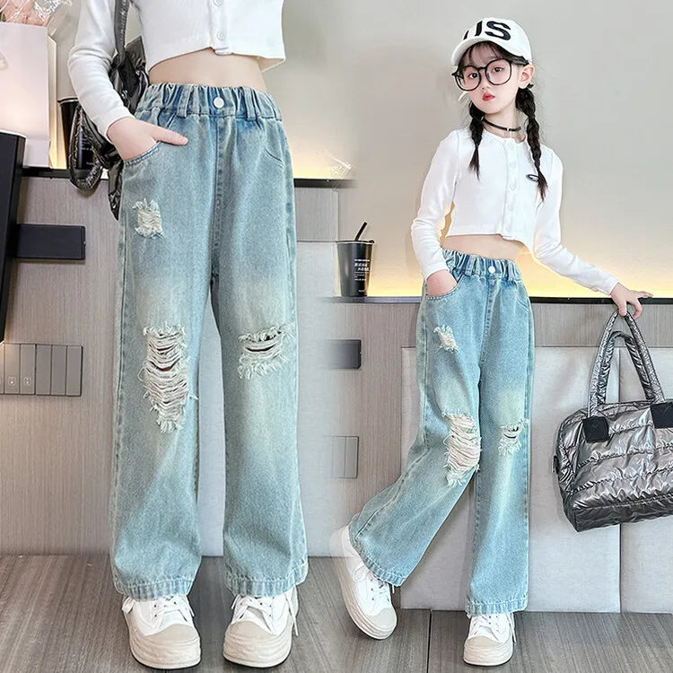 Spring Autumn Teenage Girls Denim Wide Leg Pants Children Straight Ripped Trousers Medium Girls Loose Breathable Solid Jeans