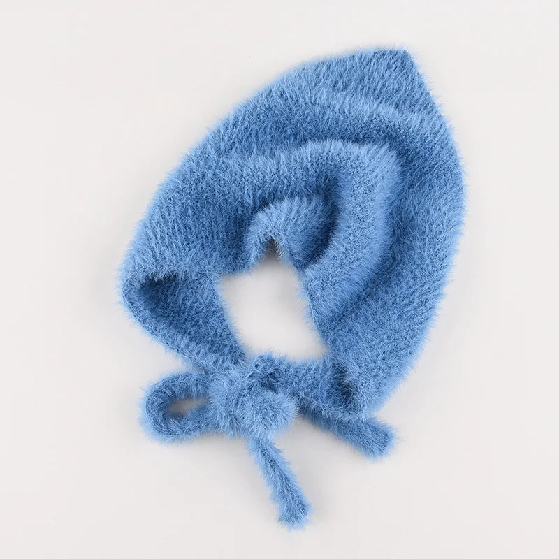 maoxiangshop - Autumn Winter Plush Triangle Scarf for Women Girls Sweet Warm Lace-Up Beanies French Fleece Knitted Bonnet Headscarf Accessories