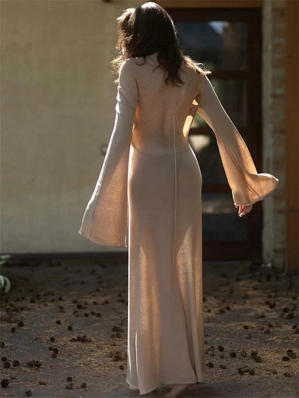 maoxiangshop - Women Knitted Backless Bandage Maxi Dresses Autumn Summer Sexy Beachwear Lantern Long Sleeve O Neck Floor-Length Ladies Robe