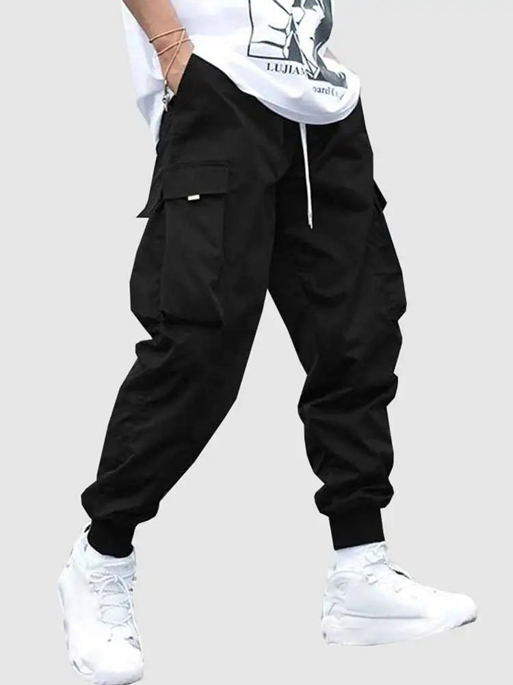 maoxiangshop Men's Cargo Pant Solid Mid-waist Elastic Tooling Trousers Techwear Sweatpants with Flap Pocket Drawstring Beam Feet Pants