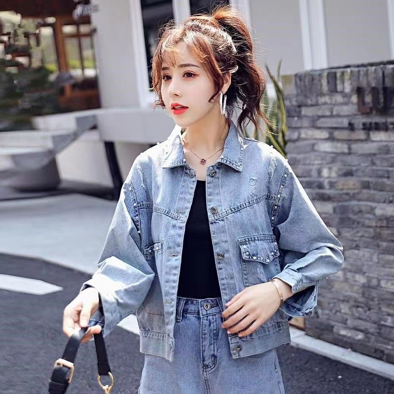 maoxiangshop Autumn Denim Jacket Women Hand-studded Pearls Punk Tassel Veste Femme Loose Short Jeans Coats Chaquetas Mujer Streetwear