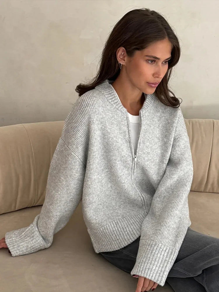 maoxiangshop - Knitted Zipper Sweaters Women Casual Loose All-match Cardigan 2024 Autumn Long Sleeve Jacket Female Street Lady Tops Basic Coat