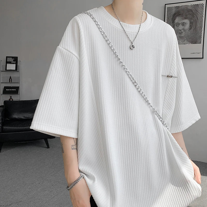 maoxiangshop Black/White/Green Pleated T Shirt For Men Summer Short Sleeve Plain T-Shirt Fashion Shirts Round Collar Sports Tops Tee